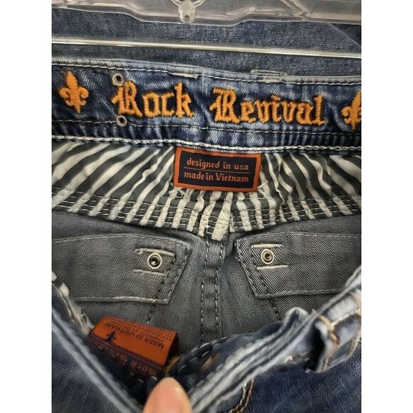Rock Revival Luz Boot Blue Denim Jeans 25x29 Stretch Leather Flap Pockets Bling - Picture 9 of 11